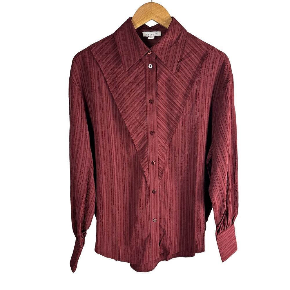 Topshop Button Front Long Sleeve Top Berry Size US 4 Business Casual Attire